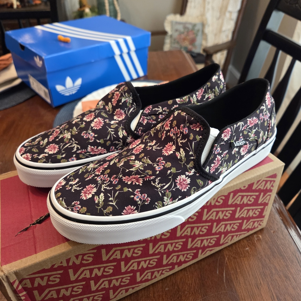 Vans Black Floral Slip-On Shoes